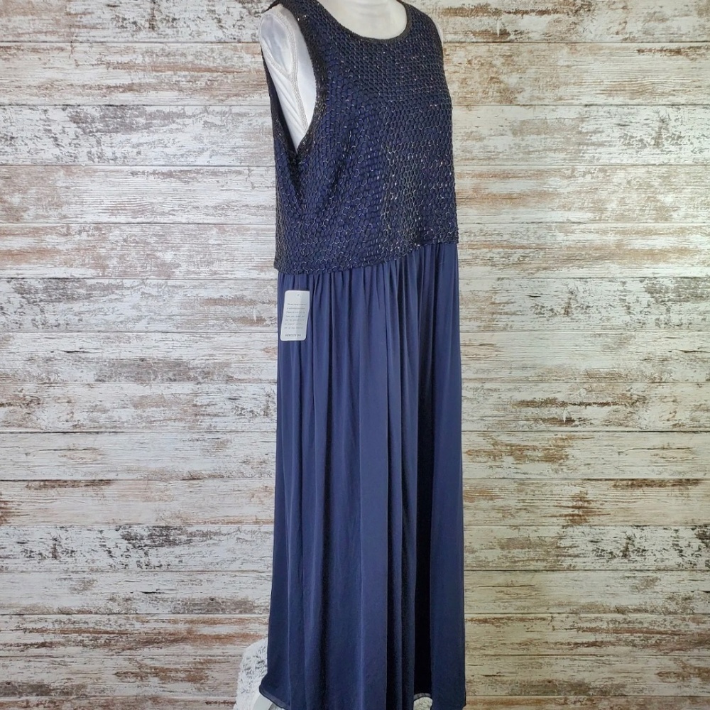 Pisarro Nights Blue Beaded Bodice Chiffon Gown, Size 16